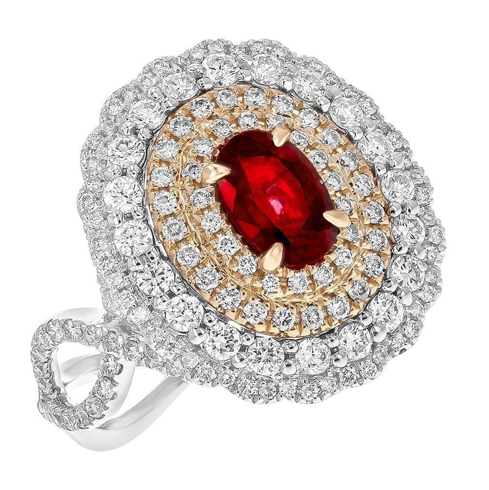 JULEVE 18KT TWO TONE OVAL RUBY & DIAMOND HALO RING 4,4.5,5,5.5,6,6.5,7,7.5,8,8.5,9