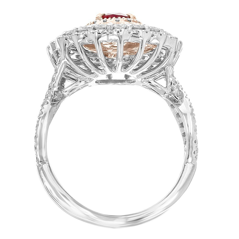JULEVE 18KT TWO TONE OVAL RUBY & DIAMOND HALO RING 4,4.5,5,5.5,6,6.5,7,7.5,8,8.5,9