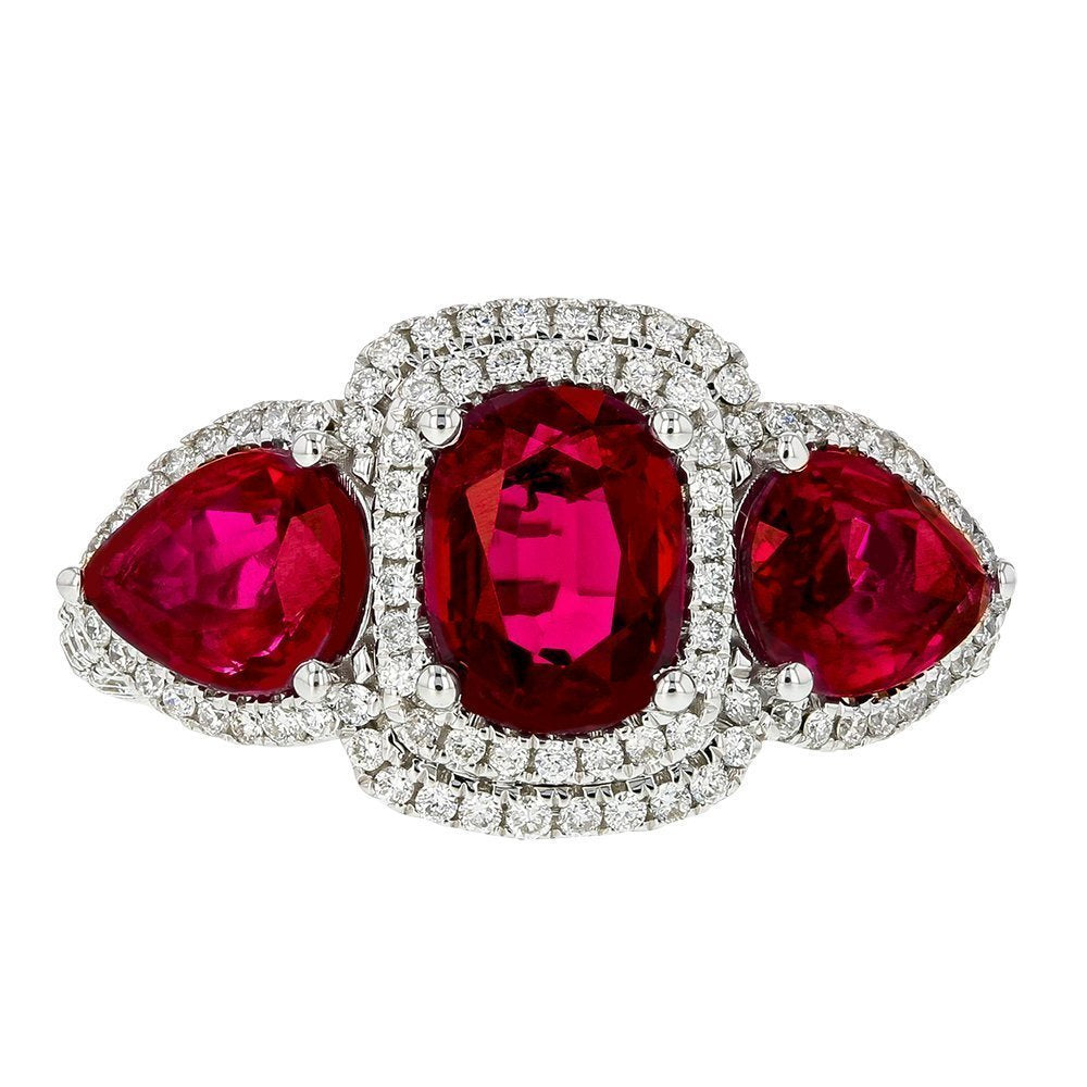 JULEVE 18KT GOLD 3.80 CTW RUBY AND .93 CTW DIAMOND 3 STONE HALO RING 4,4.5,5,5.5,6,6.5,7,7.5,8,8.5,9