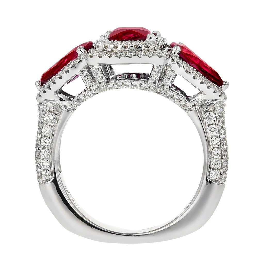 JULEVE 18KT GOLD 3.80 CTW RUBY AND .93 CTW DIAMOND 3 STONE HALO RING 4,4.5,5,5.5,6,6.5,7,7.5,8,8.5,9