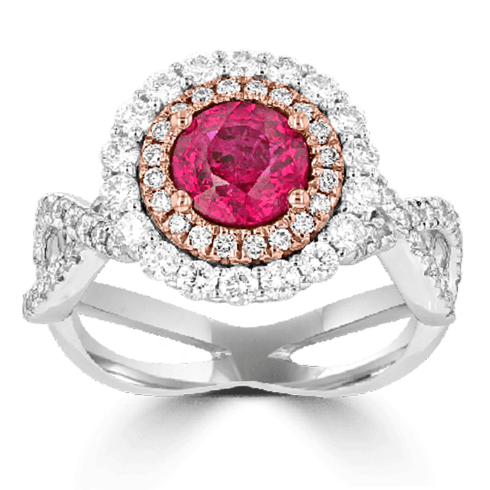 JULEVE 18KT 1.25 CT RUBY & .91 CTW DIAMOND DOUBLE HALO RING 4,4.5,5,5.5,6,6.5,7,7.5,8,8.5,9