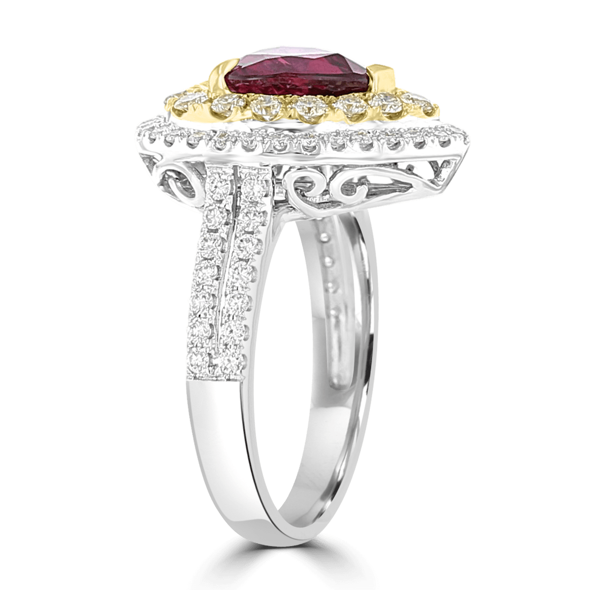 JULEVE 18KT 2.38 CTW RUBY & .99 CTW DIAMOND DOUBLE PEAR HALO RING