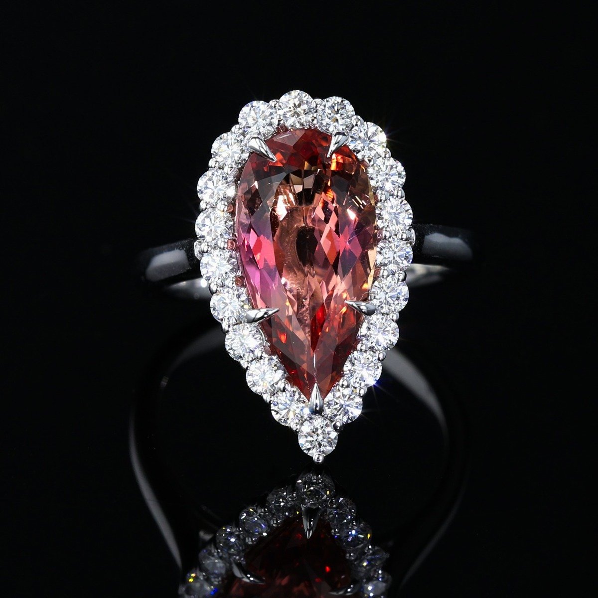 JULEVE 18KT 4.09 CT IMPERIAL TOPAZ & .79 CTW DIAMOND PEAR HALO RING 4,4.5,5,5.5,6,6.5,7,7.5,8,8.5,9