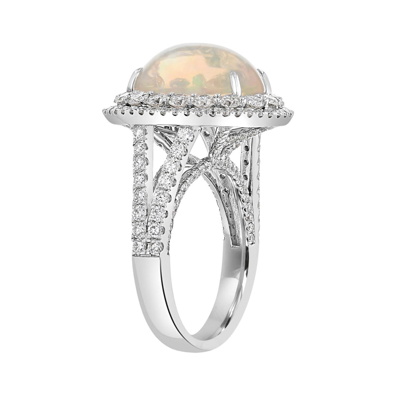 JULEVE 5.37 CT FIRE OPAL & 2.11 CTW DIAMOND DOUBLE HALO RING 4,4.5,5,5.5,6,6.5,7,7.5,8,8.5,9