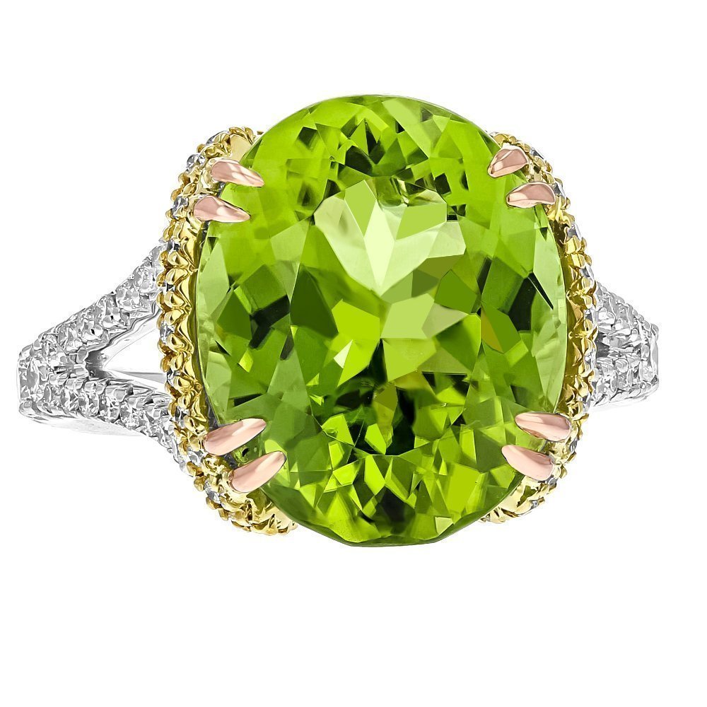 JULEVE 18KT GOLD 8.18 CT GRENN PERIDOT & 0.70 CTW DIAMOND RING 4,4.5,5,5.5,6,6.5,7,7.5,8,8.5,9