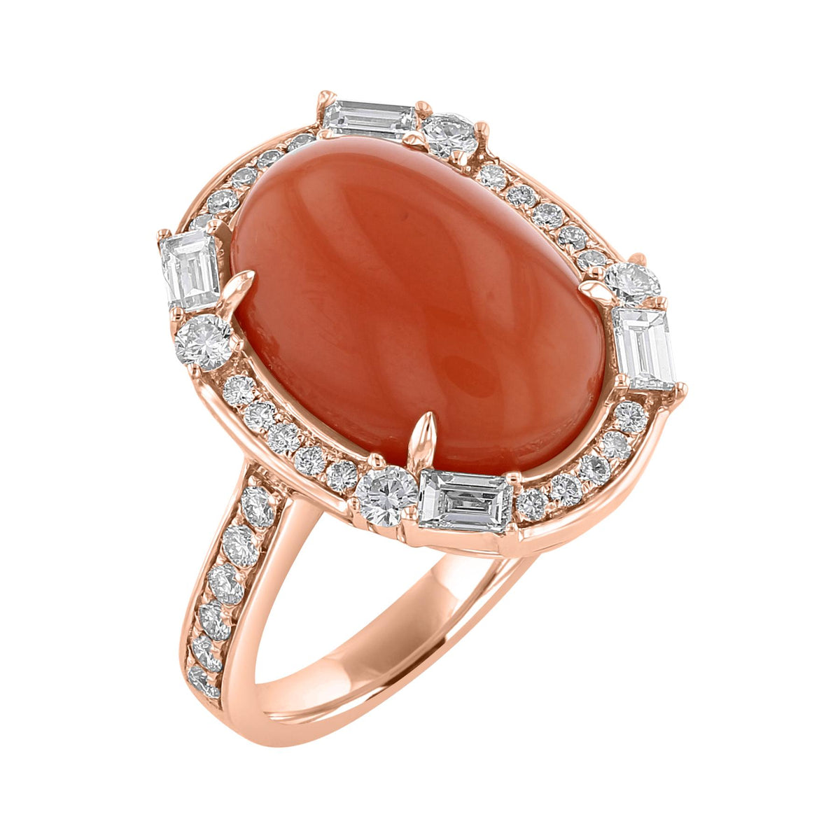 Juleve 18KT 7.00 CT Coral & .75 CTW Diamond Oval Halo Ring 4,4.5,5,5.5,6,6.5,7,7.5,8,8.5,9