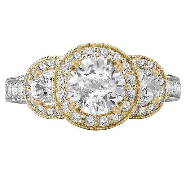 18KT Gold 1 CTW Diamond 3 Stone Halo Setting for 1 CT Round 4 / White and Yellow,4.5 / White and Yellow,5 / White and Yellow,5.5 / White and Yellow,6 / White and Yellow,6.5 / White and Yellow,7 / White and Yellow,7.5 / White and Yellow,8 / White and Yellow,8.5 / White and Yellow,9 / White and Yellow