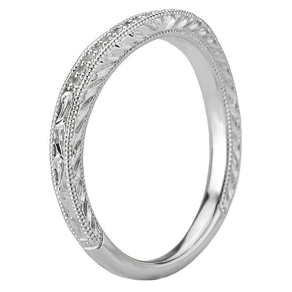 18KT White Gold .08 CTW Diamond Curved Milgrain & Etched Band 4,4.5,5,5.5,6,6.5,7,7.5,8,8.5,9