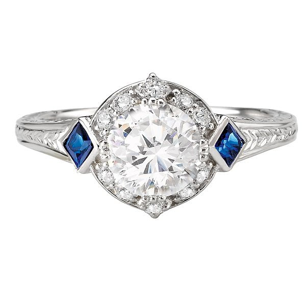 18KT GOLD DIAMOND & SAPPHIRE VINTAGE HALO SETTING FOR 1 CT ROUND 4,4.5,5,5.5,6,6.5,7,7.5,8,8.5,9