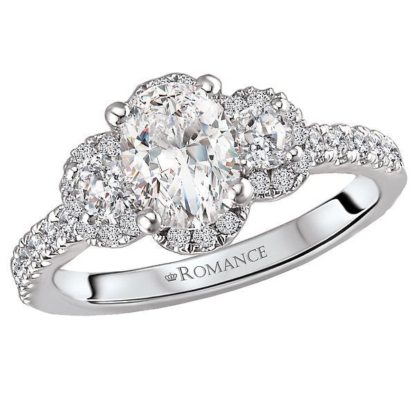 18KT White Gold 1/2 CTW Diamond Oval Halo 3 Stone Setting For 1 CT Oval 4,4.5,5,5.5,6,6.5,7,7.5,8,8.5,9