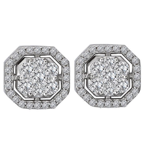 14KT White Gold 1 CTW Diamond Octagon Cluster Halo Earrings