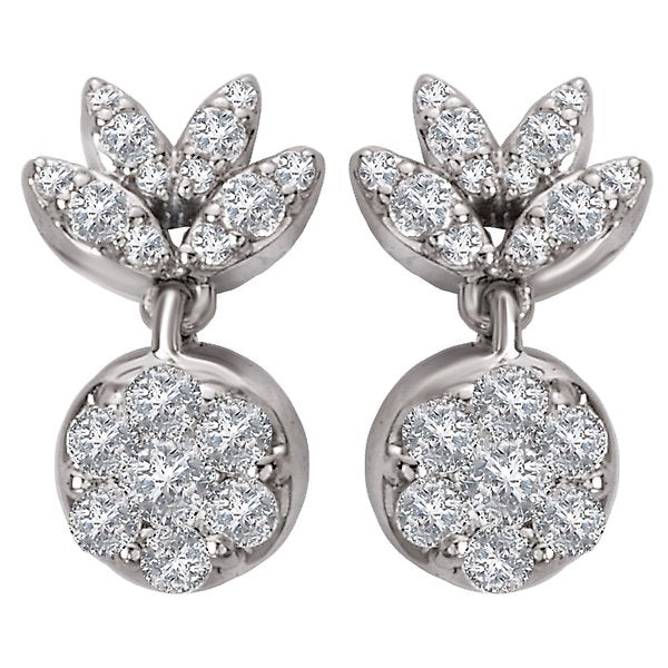 14KT White Gold 3/4 CTW Diamond Pineapple Cluster Drop Earrings