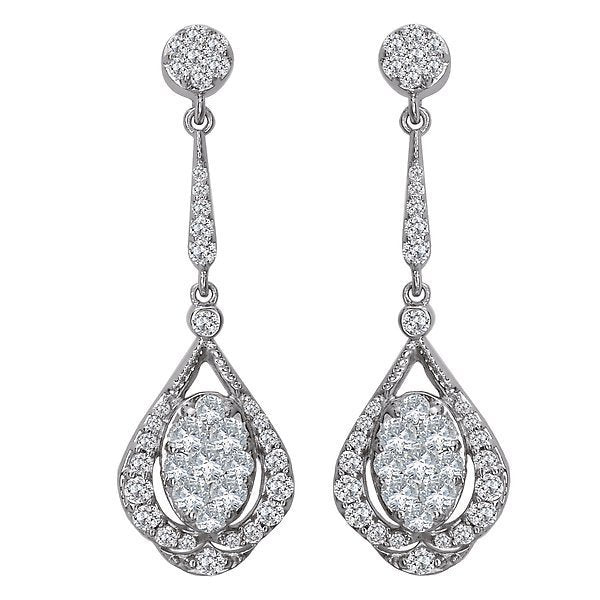 14KT White Gold 1 1/4 CTW Diamond Fancy Drop Cluster Earrings