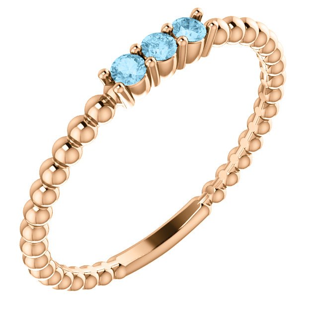 14KT GOLD 0.12 CTW AQUAMARINE 3 STONE BEADED STACKABLE RING 4 / Rose,4.5 / Rose,5 / Rose,5.5 / Rose,6 / Rose,6.5 / Rose,7 / Rose,7.5 / Rose,8 / Rose,8.5 / Rose,9 / Rose