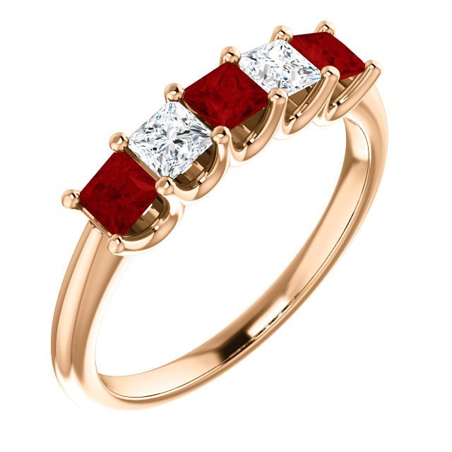14KT GOLD 0.60 CTW RUBY & 0.33 CTW DIAMOND SQUARE 5 STONE BAND 4 / Rose,4.5 / Rose,5 / Rose,5.5 / Rose,6 / Rose,6.5 / Rose,7 / Rose,7.5 / Rose,8 / Rose,8.5 / Rose,9 / Rose