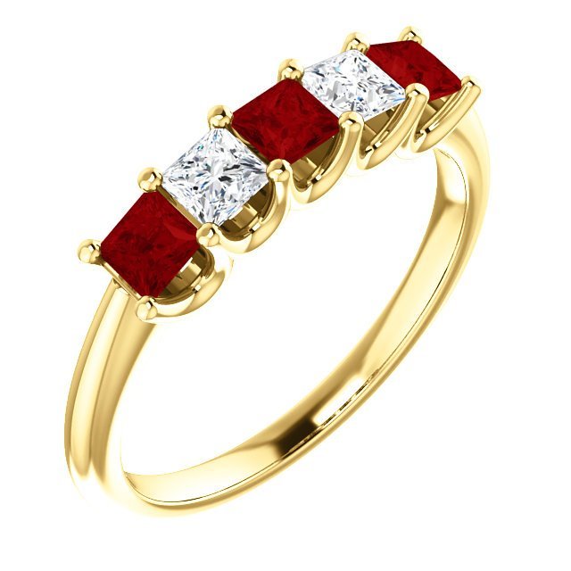 14KT GOLD 0.60 CTW RUBY & 0.33 CTW DIAMOND SQUARE 5 STONE BAND 4 / Yellow,4.5 / Yellow,5 / Yellow,5.5 / Yellow,6 / Yellow,6.5 / Yellow,7 / Yellow,7.5 / Yellow,8 / Yellow,8.5 / Yellow,9 / Yellow