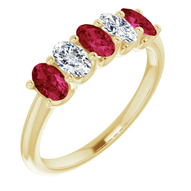 14KT GOLD 0.96 CTW RUBY & 0.50 CTW DIAMOND OVAL 5 STONE BAND 4 / Yellow,4.5 / Yellow,5 / Yellow,5.5 / Yellow,6 / Yellow,6.5 / Yellow,7 / Yellow,7.5 / Yellow,8 / Yellow,8.5 / Yellow,9 / Yellow
