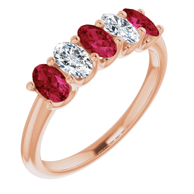 14KT GOLD 0.96 CTW RUBY & 0.50 CTW DIAMOND OVAL 5 STONE BAND 4 / Rose,4.5 / Rose,5 / Rose,5.5 / Rose,6 / Rose,6.5 / Rose,7 / Rose,7.5 / Rose,8 / Rose,8.5 / Rose,9 / Rose