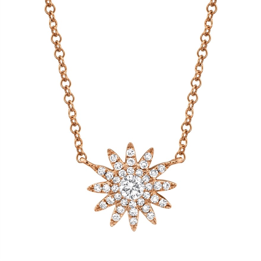14KT Gold .15 CTW Diamond Sun Burst Pave Necklace Rose