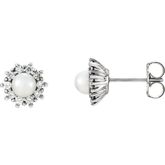 14KT White Gold Pearl & 1/4 CTW Diamond Halo Earrings