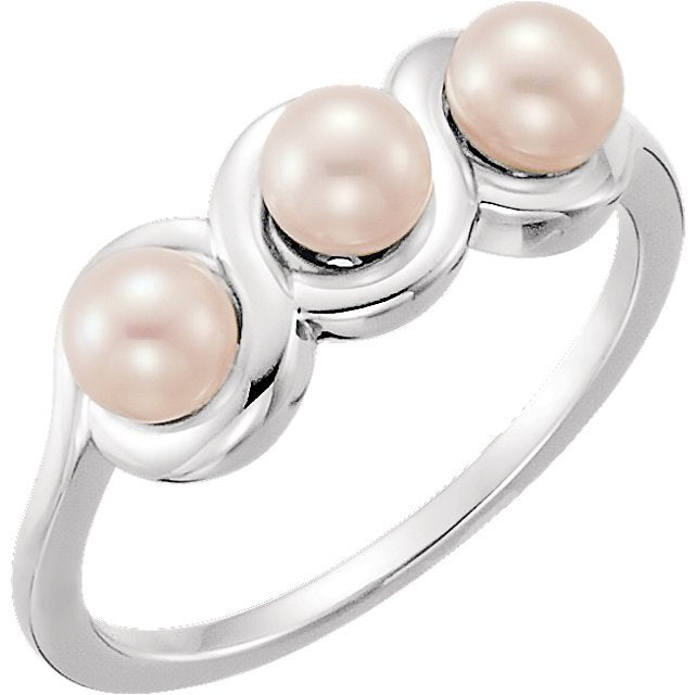 14KT White Gold 3-Stone Pearl Ring 4,4.5,5,5.5,6,6.5,7,7.5,8,8.5,9