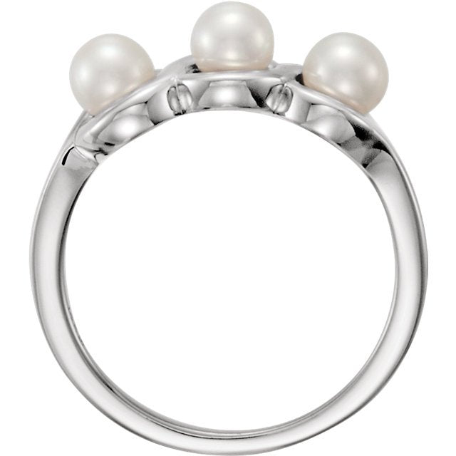 14KT White Gold 3-Stone Pearl Ring 4,4.5,5,5.5,6,6.5,7,7.5,8,8.5,9