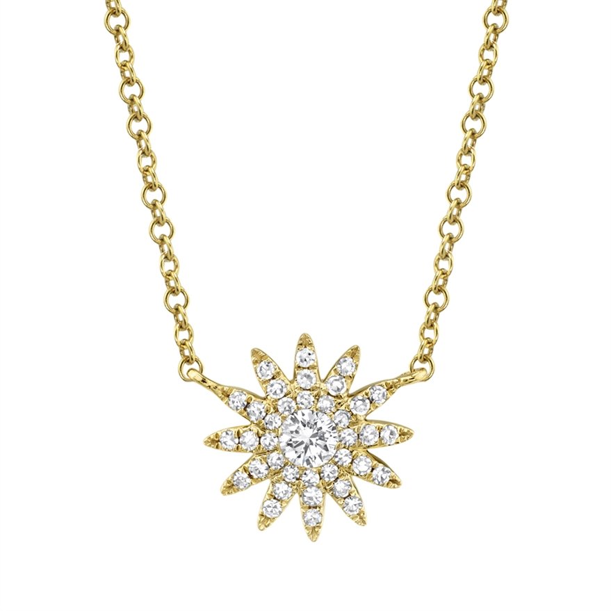 14KT Gold .15 CTW Diamond Sun Burst Pave Necklace Rose,White,Yellow