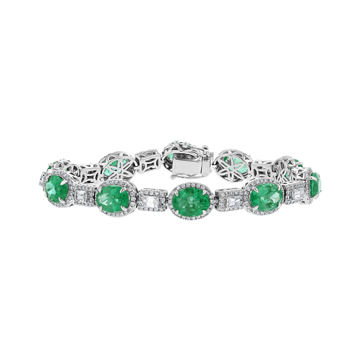 18KT White Gold 16 CTW Emerald & 4 CTW Diamond Halo Bracelet