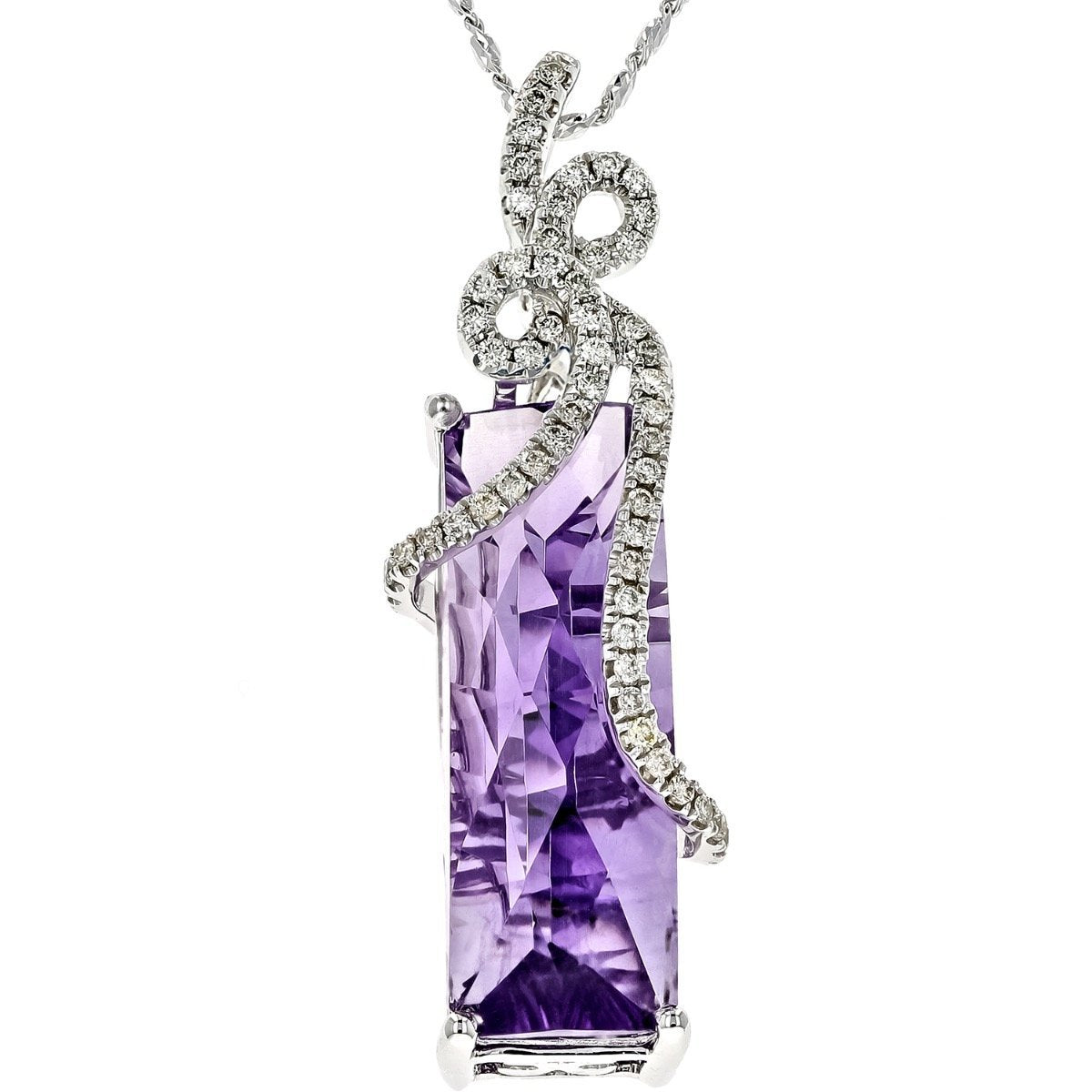 14KT WHITE GOLD EMERALD CUT AMETHYST AND DIAMOND NECKLACE