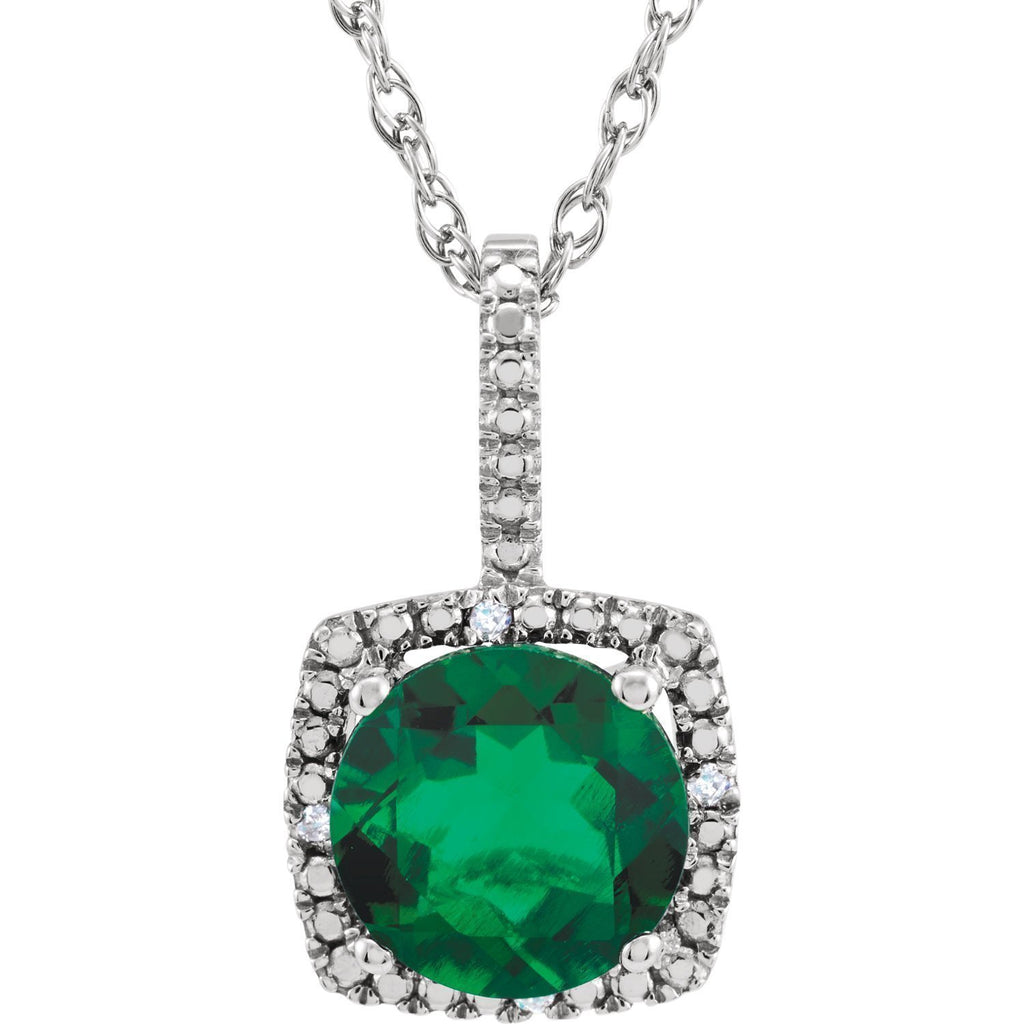 Sterling Silver 1.50 CT Emerald and .015 CTW Diamond Halo Necklace