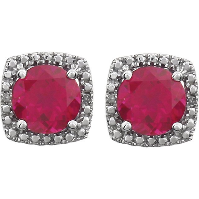 STERLING SILVER 2.40 CTW CREATED RUBY & .015 CTW DIAMOND HALO EARRINGS