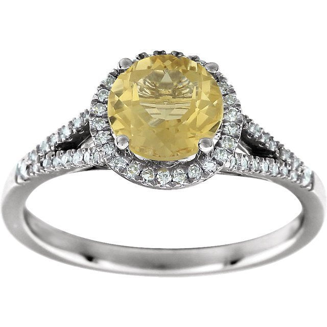 14KT WHITE GOLD 1.20 CT CITRINE & 1/5 CTW DIAMOND HALO RING 4,4.5,5,5.5,6,6.5,7,7.5,8,8.5,9