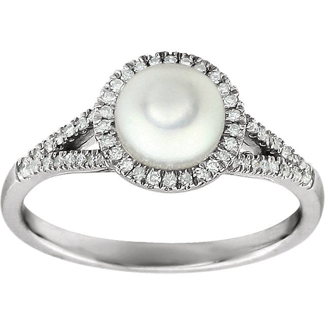 14KT White Gold Pearl & 1/5 CTW Diamond Halo Ring 4,4.5,5,5.5,6,6.5,7,7.5,8,8.5,9