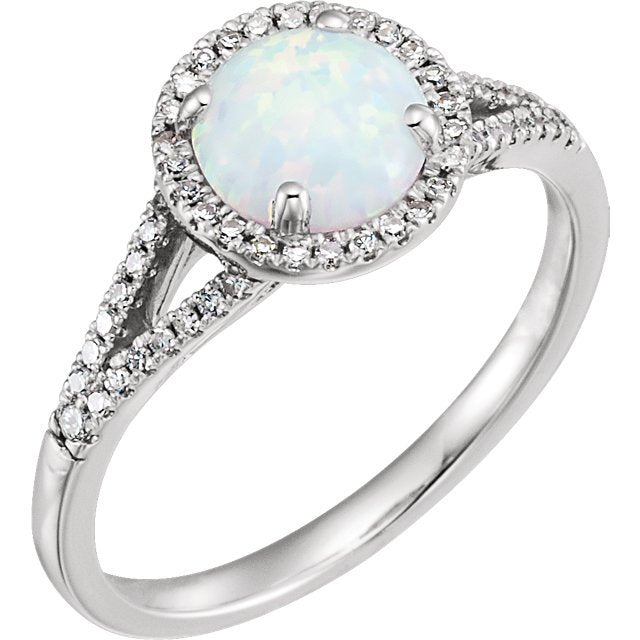 14KT WHITE GOLD CREATED OPAL & 1/5 CTW DIAMOND HALO RING 4,4.5,5,5.5,6,6.5,7,7.5,8,8.5,9