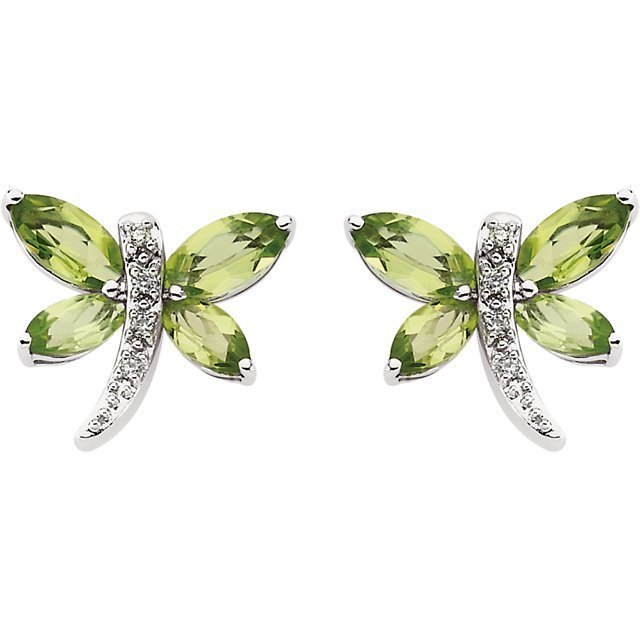 14KT White Gold 1.60 CTW Peridot & .04 CTW Diamond Dragonfly Earrings