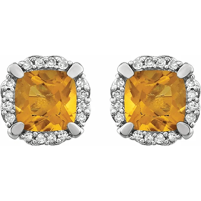 14KT WHITE GOLD 1 CTW CITRINE & 1/10 CTW DIAMOND CUSHION HALO EARRINGS