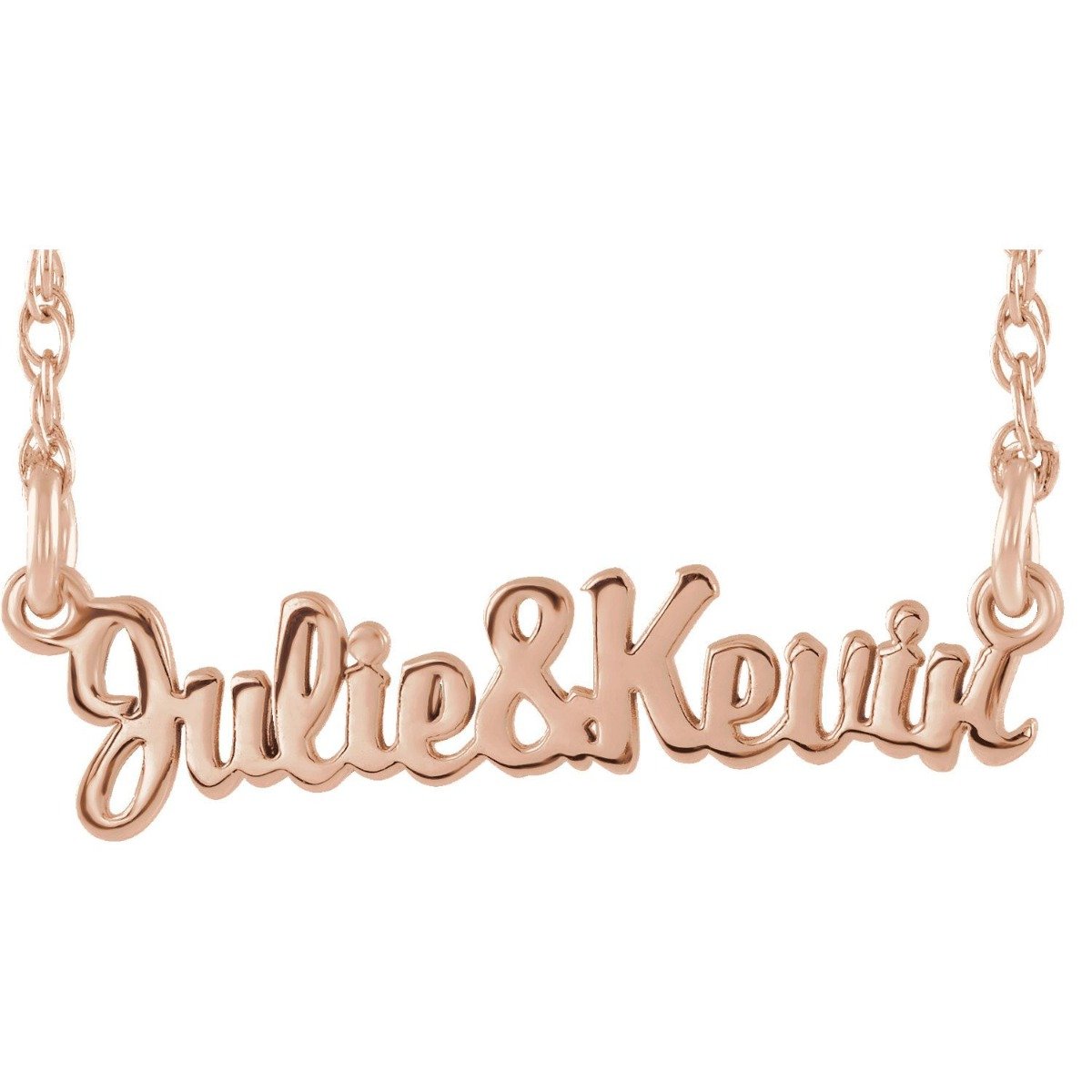 14KT GOLD SCRIPT COUPLES NAMEPLATE NECKLACE 16 Inches / 14KT Gold / Rose,16 Inches / Sterling Silver / Rose,18 Inches / 14KT Gold / Rose,18 Inches / Sterling Silver / Rose