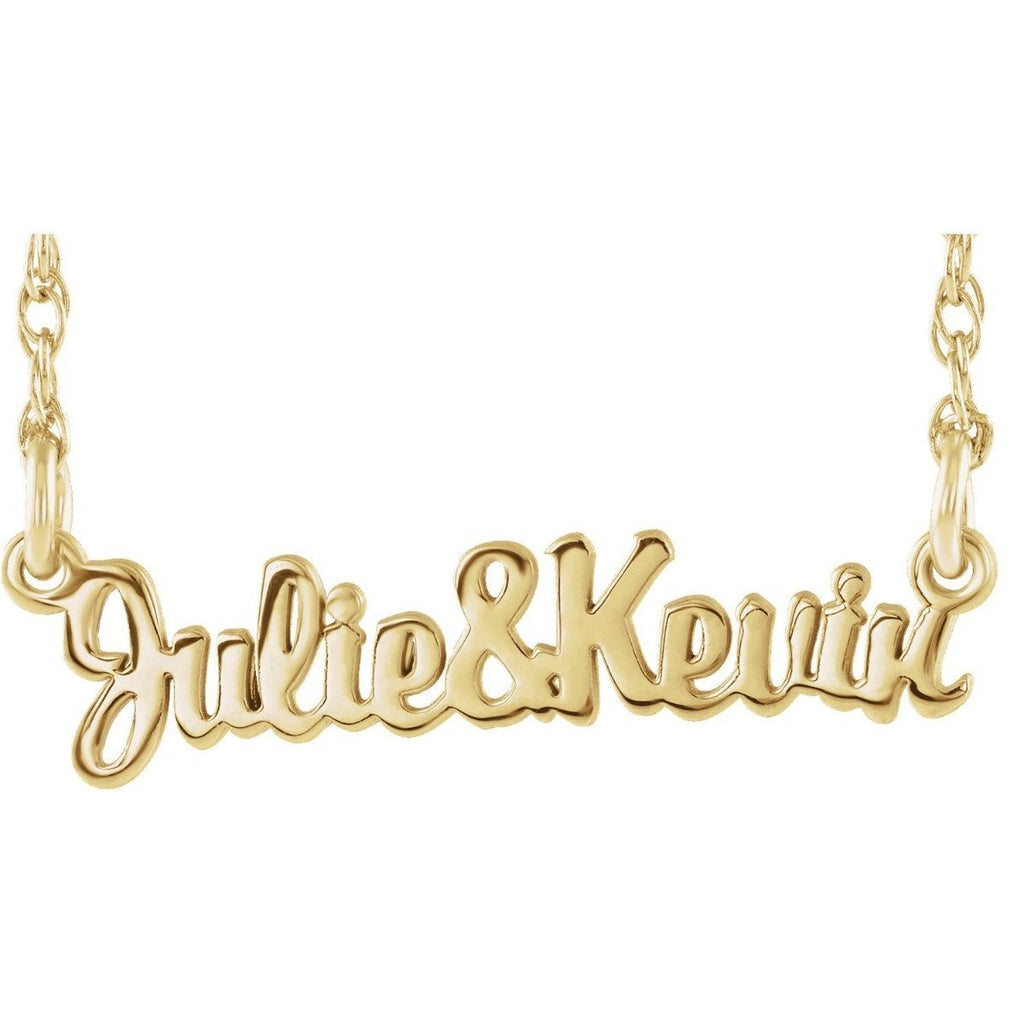 14KT Gold Script Couples Nameplate Necklace 16 Inches / 14KT Gold / Yellow,16 Inches / Sterling Silver / Yellow,16 Inches / Rose-Gold Plated Sterling Silver / Yellow,16 Inches / Yellow-Gold Plated Silver / Yellow,18 Inches / 14KT Gold / Yellow,18 Inches / Sterling Silver / Yellow,18 Inches / Rose-Gold Plated Sterling Silver / Yellow,18 Inches / Yellow-Gold Plated Silver / Yellow