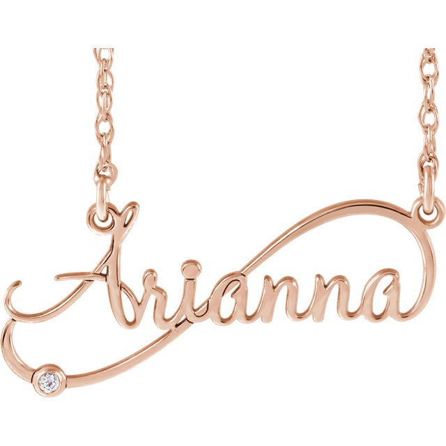 14KT Gold .015 CTW Diamond Infinity Script Nameplate Necklace 16 Inches / 14 Karat Gold / Rose,16 Inches / Gold Plated Sterling Silver / Rose,18 Inches / 14 Karat Gold / Rose,18 Inches / Gold Plated Sterling Silver / Rose