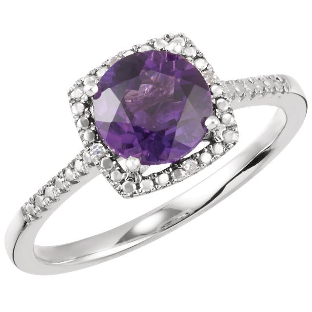 STERLING SILVER 1.20 CT AMETHYST & .01 CTW DIAMOND HALO RING 4,4.5,5,5.5,6,6.5,7,7.5,8,8.5,9