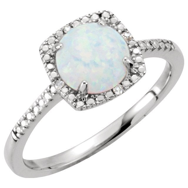 STERLING SILVER 7MM CREATED OPAL & 0.01 CTW DIAMOND HALO RING 4,4.5,5,5.5,6,6.5,7,7.5,8,8.5,9