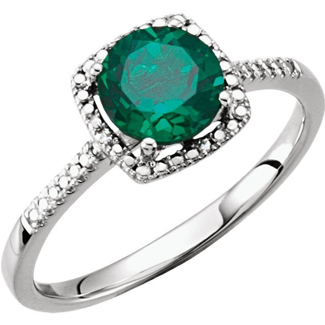 Sterling Silver 1.25 CT Created Emerald & .01 CTW Diamond Halo Ring 4,4.5,5,5.5,6,6.5,7,7.5,8,8.5,9