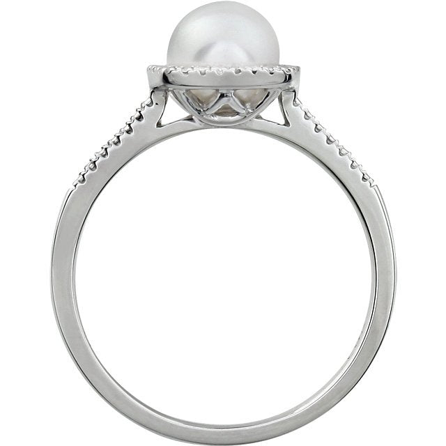 Sterling Silver Freshwater Cultured Pearl & .01 CTW Diamond Halo Ring 4,4.5,5,5.5,6,6.5,7,7.5,8,8.5,9