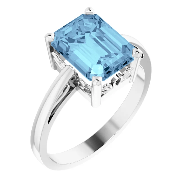 14KT GOLD 2.00 CT EMERALD CUT AQUAMARINE SCROLL RING 4 / White,4.5 / White,5 / White,5.5 / White,6 / White,6.5 / White,7 / White,7.5 / White,8 / White,8.5 / White,9 / White