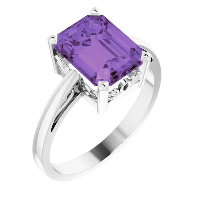 14KT GOLD 2.25 CT EMERALD CUT AMETHYST SCROLL RING 4 / White,4.5 / White,5 / White,5.5 / White,6 / White,6.5 / White,7 / White,7.5 / White,8 / White,8.5 / White,9 / White
