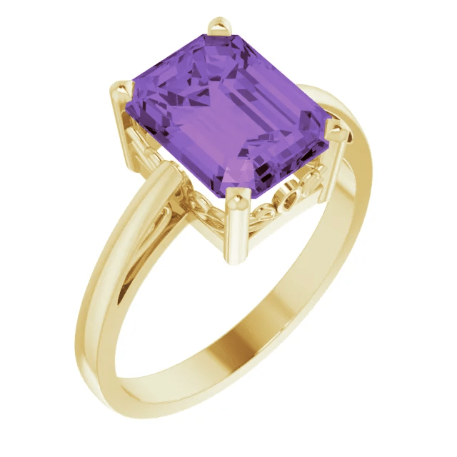 14KT GOLD 2.25 CT EMERALD CUT AMETHYST SCROLL RING 4 / Yellow,4.5 / Yellow,5 / Yellow,5.5 / Yellow,6 / Yellow,6.5 / Yellow,7 / Yellow,7.5 / Yellow,8 / Yellow,8.5 / Yellow,9 / Yellow