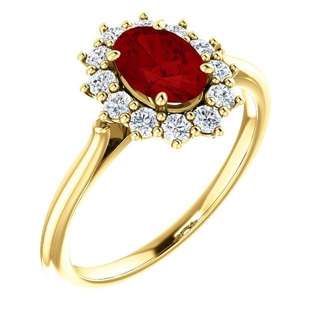 14KT GOLD 1.10 CT RUBY & 0.30 CTW DIAMOND OVAL HALO RING 4 / Yellow,4.5 / Yellow,5 / Yellow,5.5 / Yellow,6 / Yellow,6.5 / Yellow,7 / Yellow,7.5 / Yellow,8 / Yellow,8.5 / Yellow,9 / Yellow
