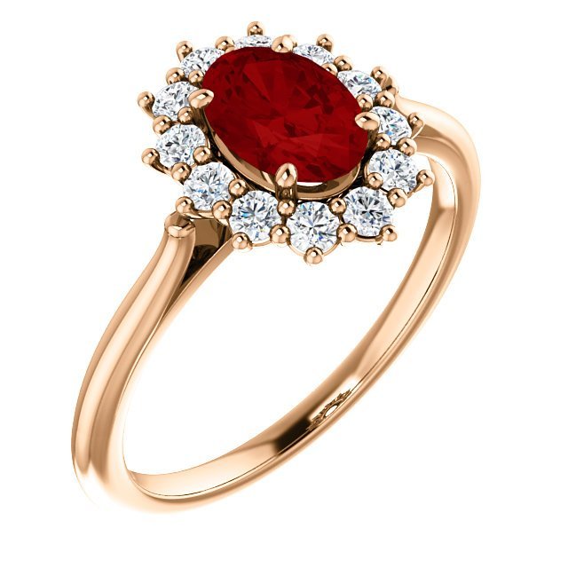 14KT GOLD 1.10 CT RUBY & 0.30 CTW DIAMOND OVAL HALO RING 4 / Rose,4.5 / Rose,5 / Rose,5.5 / Rose,6 / Rose,6.5 / Rose,7 / Rose,7.5 / Rose,8 / Rose,8.5 / Rose,9 / Rose