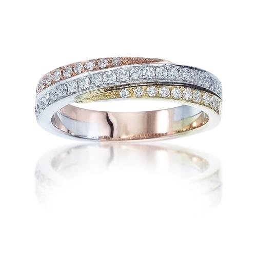 14KT Tri-Color Gold 1/3 CTW Round Diamond Pave Band 4,4.5,5,5.5,6,6.5,7,7.5,8,8.5,9