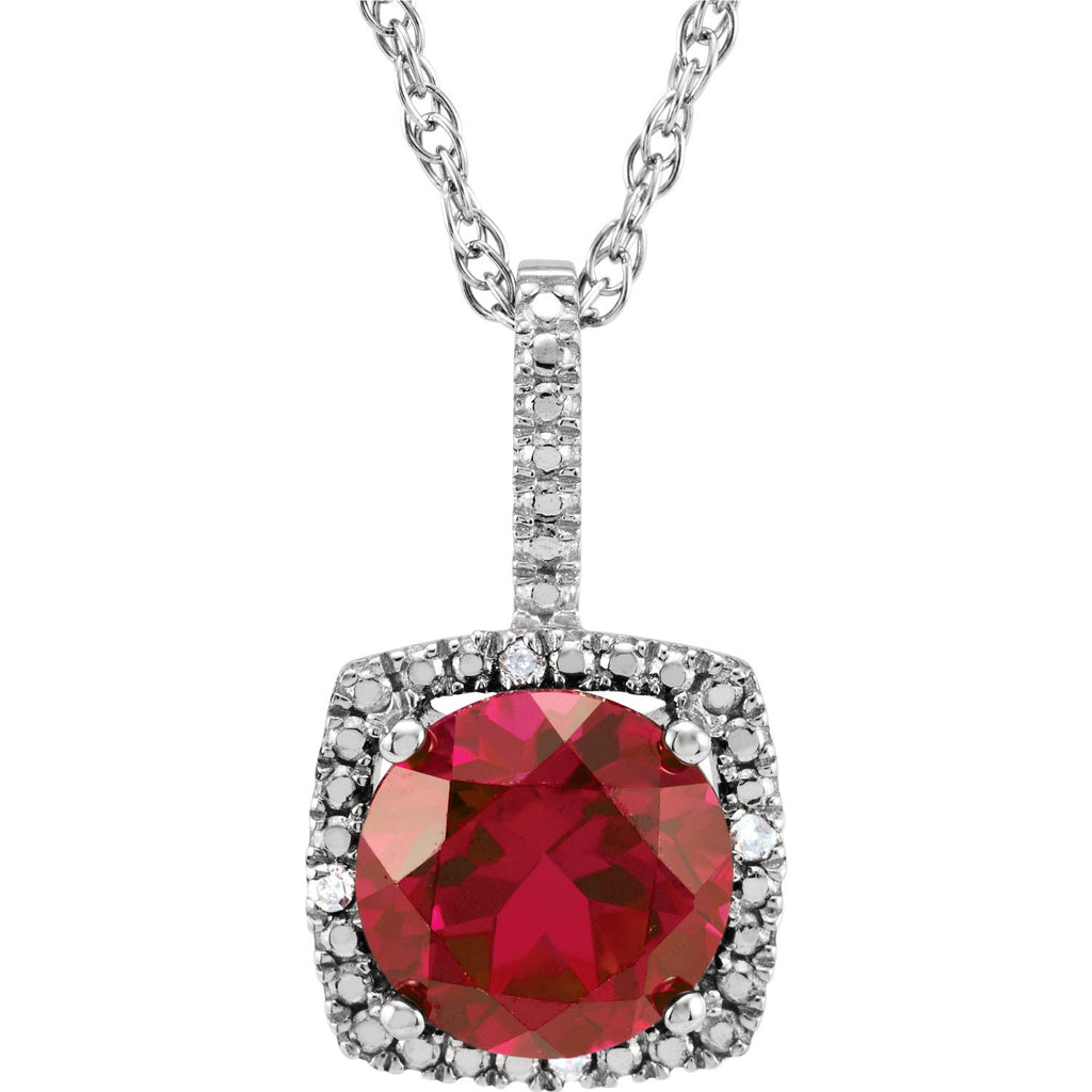 STERLING SILVER 1.60CT CREATED RUBY AND .015 CTW DIAMOND NECKLACE